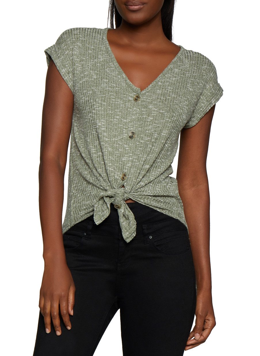 Marled Tie Button Front Top