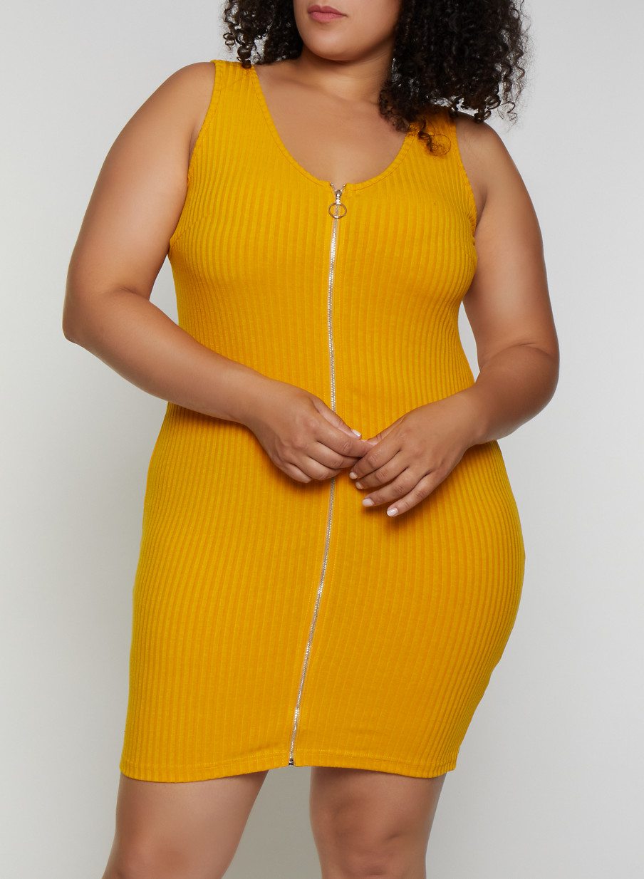 Plus Size Zip Front Rib Knit Dress