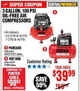 3 gal. 1/3 HP 100 PSI Oil-Free Pancake Air Compressor