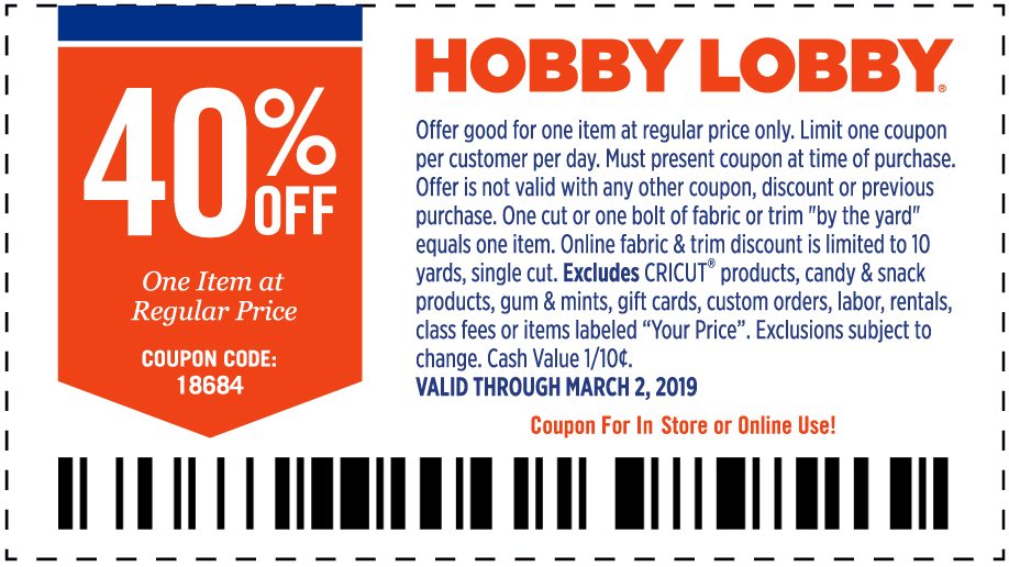 40% Off One Item At Regular Price. Valid through March 2, 2019. *See Full Coupon For Details