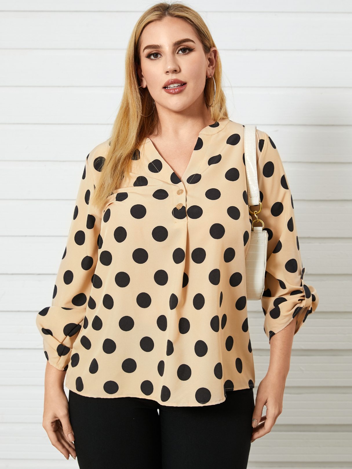 V-neck Polka Dot Button Design Long Sleeves Blouse