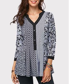 Split Neck Three Quarter Sleeve Printed Blouse