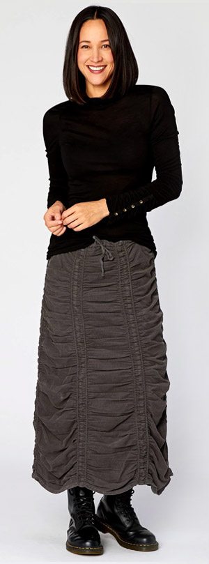 Button Cuff Turtleneck + Corduroy Shirred Panel Skirt »