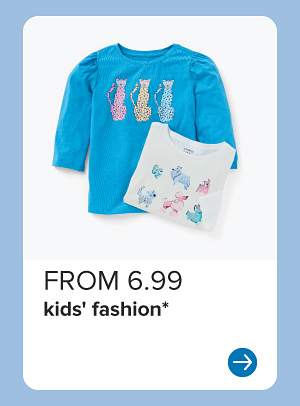 Image of bright blue long sleeve and white graphic tee. From $6.99 kids' fashion.