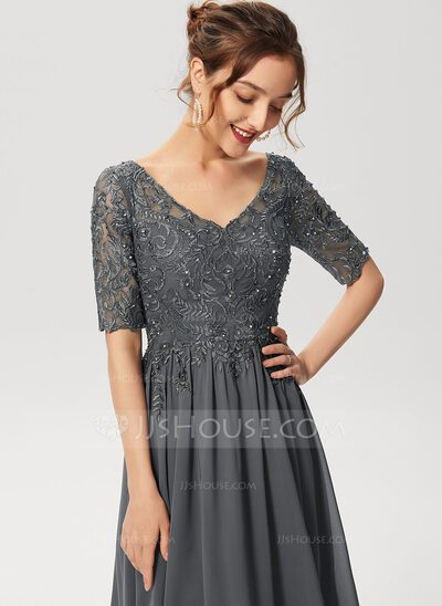 A-Line V-neck Knee-Length Chiffon Lace Cocktail Dress With B...