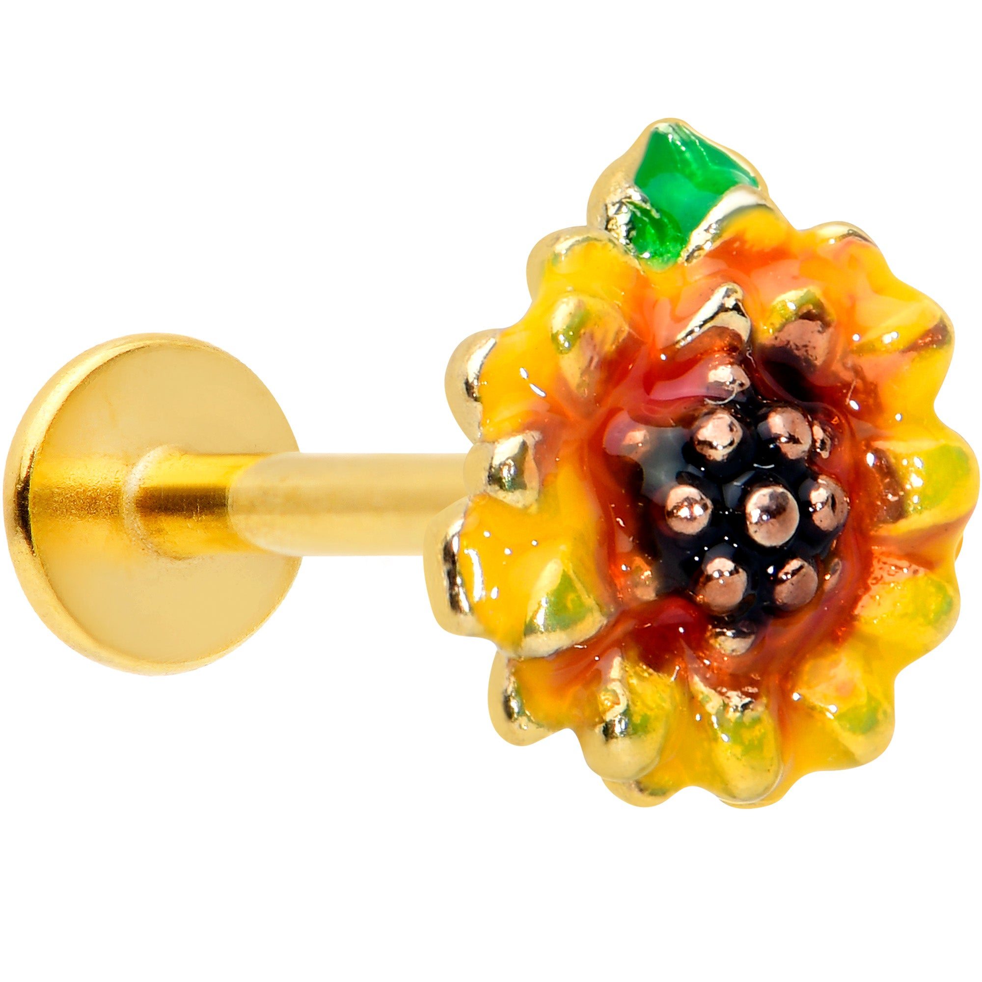 Image of 16 Gauge 5/16 Gold Tone Summer Sunflower Labret Monroe Tragus