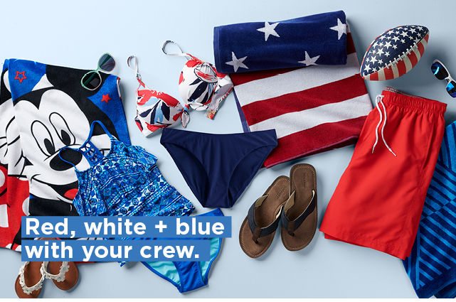 red, white and blue with your crew. shop swimwear for the family.