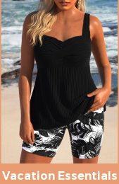 Surplice Feathers Print Black Tankini Set