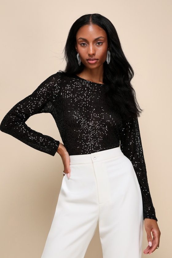 Image of Shining Excellence Black Mesh Sequin Long Sleeve Crop Top