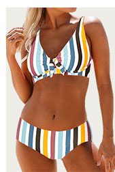 Mid Waist Multi Stripe Spaghetti Strap Bikini Set
