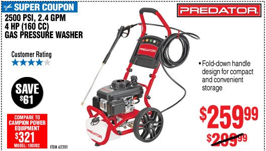 2500 PSI, 2.4 GPM, 4 HP (160cc) Pressure Washer EPA/CARB