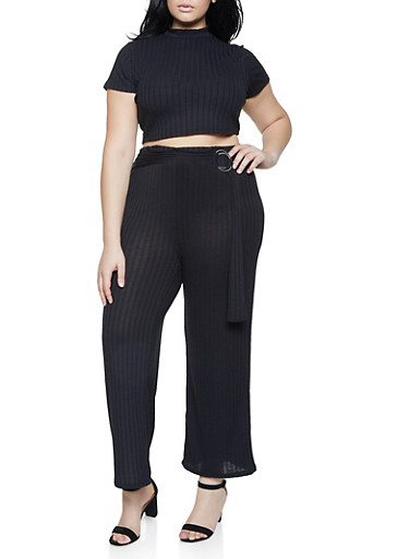 Plus Size Ribbed Crop Top and Palazzo Pants Set