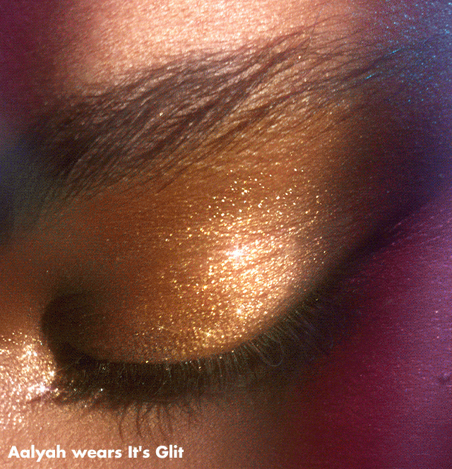 Model wearing Fine as fleck glitter eyeshadow in shade it's gilt