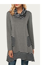 Stripe Print Cowl Neck Pocket Sweatshirt