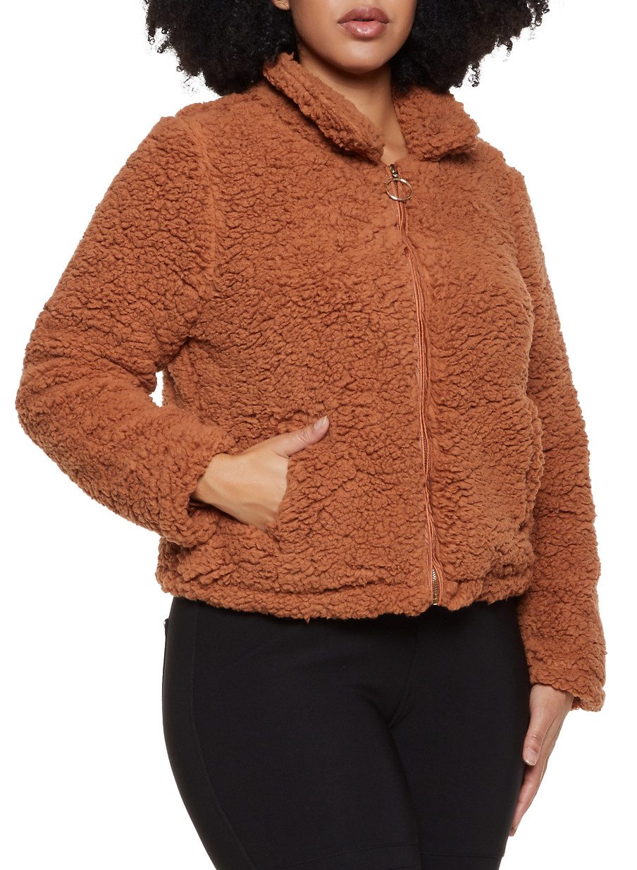 Plus Size Sherpa Zip Front Jacket