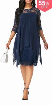 Three Quarter Sleeve Chiffon Overlay Navy Lace Dress