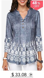 Split Neck Button Detail Printed Pleated Blouse