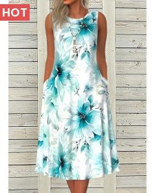 ROTITA Pocket Floral Print Blue A Line Round Neck Dress