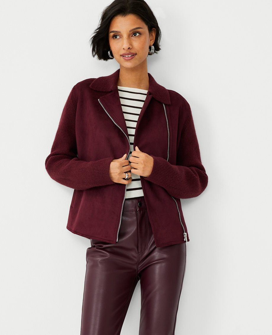 Faux Suede Moto Sweater Jacket