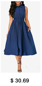 Tie Waist Turndown Collar Button Front Navy Dress