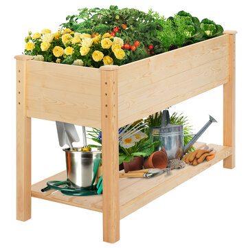 KingSo Raised Garden Bed 4FT Elevated Wooden Planter Boxes Kit Outdoor with Legs Garden Grow Box with Shelves for Vegetable Flower Patio