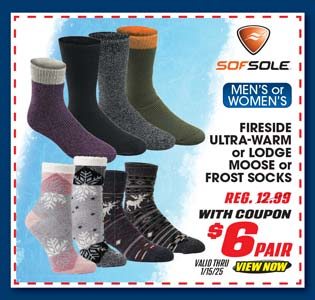 Sof Sole Men's or Women's Fireside Ultra Warm, Lodge Moose or Frost Socks