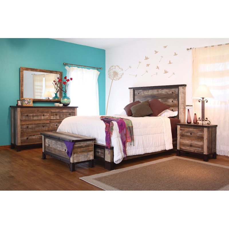 Rustic Contemporary 4 Piece King Bedroom Set - Antique