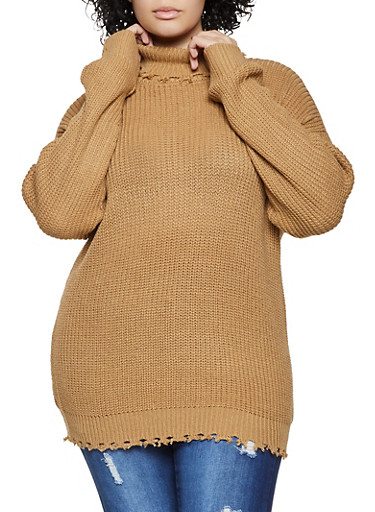 Plus Size Frayed Turtleneck Knit Sweater