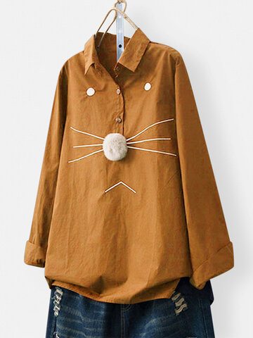 Cat Embroidery Long Sleeve Shirt