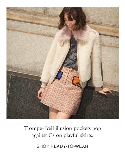 Trompe-l'oeil illusion pockets pop against Cs on playful skirts. SHOP READY-TO-WEAR