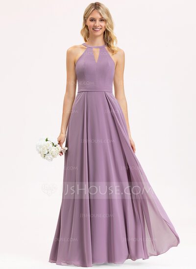 A-Line Scoop Neck Floor-Length Chiffon Bridesmaid Dress (007...