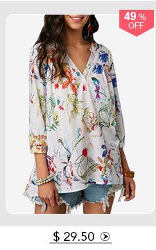 Printed Three Quarter Sleeve Button Neck Blouse