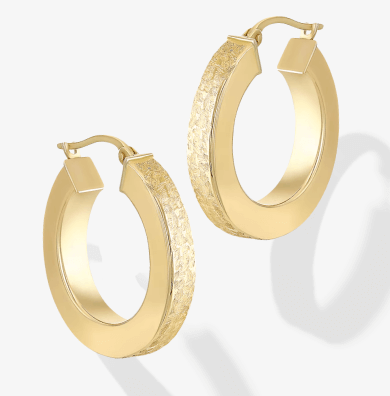 Reaura Square-Edge Textured Hoop Earrings Repurposed 14K Yellow Gold 26mm