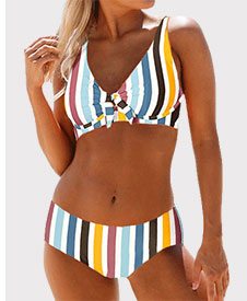 Mid Waist Multi Stripe Spaghetti Strap Bikini Set