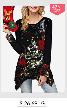 Christmas Print Asymmetric Hem Black T Shirt