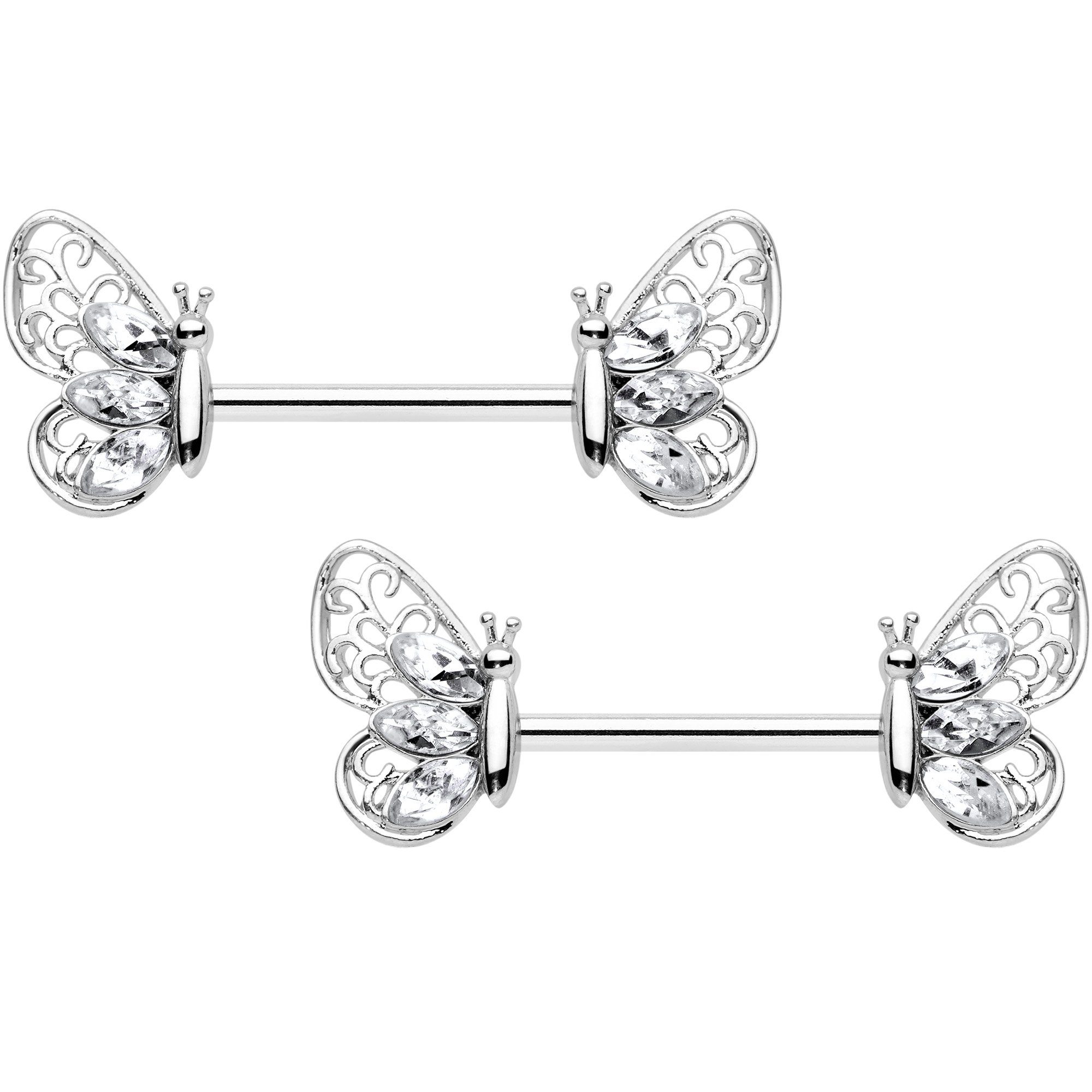 Image of 14 Gauge 9/16 Clear Gem Lacy Butterfly Barbell Nipple Ring Set