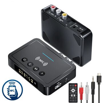 Bakeey OLED Display NFC-enabled bluetooth V5.0 Audio Transmitter Receiver Wireless 3.5mm Aux / 2RCA / Optical Audio Adapter / FM Transmittter Support USB Disk TF Card For TV PC Speaker Car Sould System Home Sound System