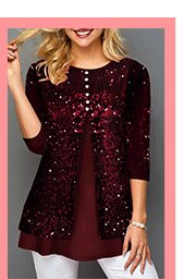 Button Detail Wine Red Sequin Panel T Shirt 
