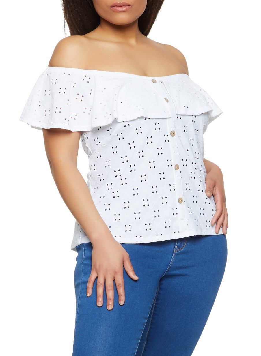 Plus Size Button Detail Eyelet Off the Shoulder Top