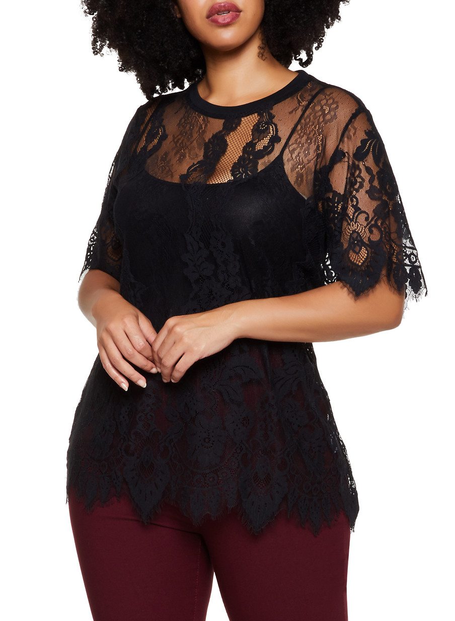 Plus Size Crew Neck Lace Top