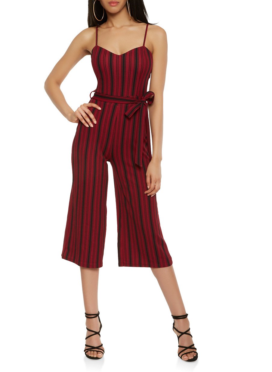 Striped Tie Waist Cropped Jumpsuit