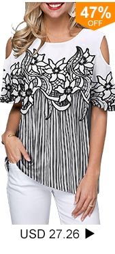 Flower Print Cold Shoulder Striped Blouse