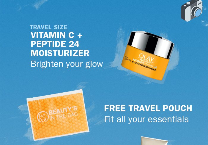 Travel size Vitamin C + Peptide 24 Moisturizer. Brighten your glow. Free Travel Pouch. Fit all your essentials.