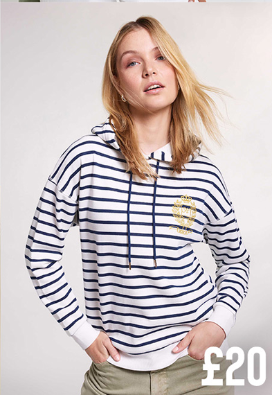 Womens Cream & Navy Stripe Hooded Sweatshirt