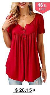 Split Neck Short Sleeve Red Curved Blouse