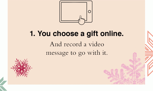 1. You choose a gift online. 2. They open it virtiually. 3. We send it IRL.