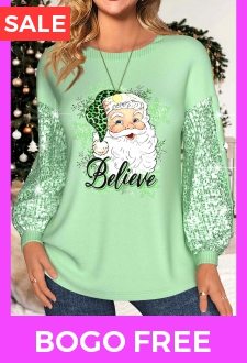 Light Green Sequin Santa Claus Print Christmas Sweatshirt