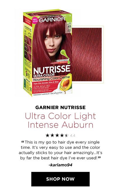 GARNIER NUTRISSE - Ultra Color Light Intense Auburn - 4.4 STARS - “This is my go to hair dye every single time. It’s very easy to use and the color actually sticks to your hair amazingly...It’s by far the best hair dye I’ve ever used!” -karlamo94 - SHOP NOW