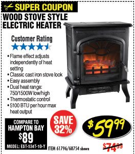 750/1500 Watt Wood Stove Style Electric Heater