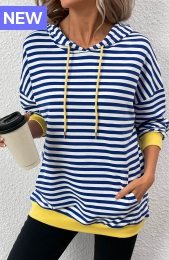 Blue Patchwork Striped Long Sleeve Hoodie